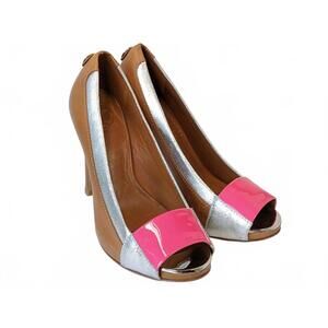 Tory Burch Brazil Heels Open-Toe Silver Brown Leather US 8.5